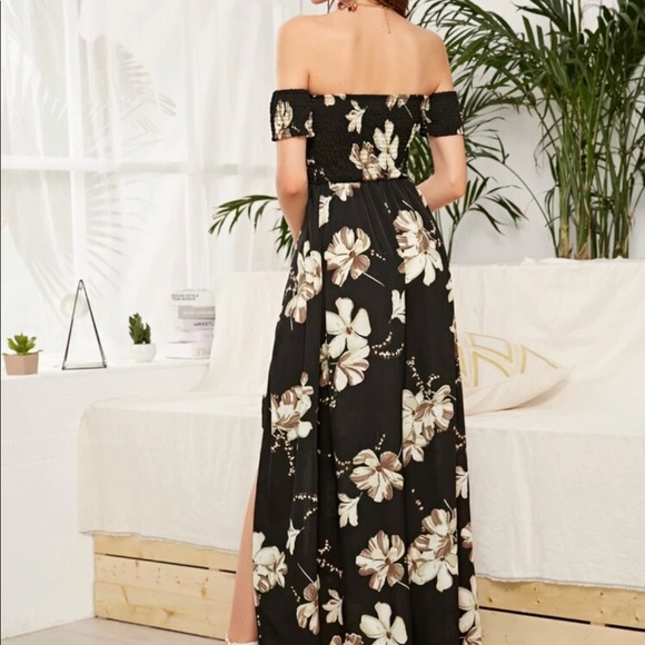 Floral Off Shoulder Split Thigh Shirred Dress - Picture 2 of 3